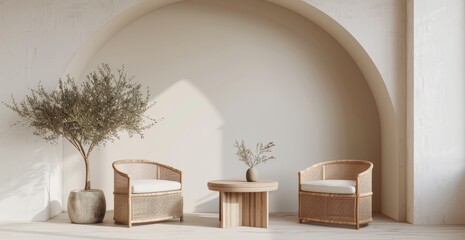 Minimalist interior design, wooden arch wall mockup, two rattan armchairs and round table