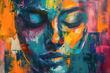 Colorful abstract art oil painting of female face. Interior Design concept