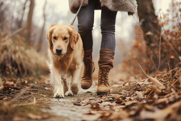 Close up a dog trotting alongside a woman on a forest trail. Low angle view. Dog Day concept - obrazy, fototapety, plakaty