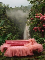 Pink vintage couch stands out amidst a breathtaking scene of a jungle waterfall shrouded in mist, artistic, whimsy, bold statement, contrast, surreal, nature, vibrancy, vintage, tropical