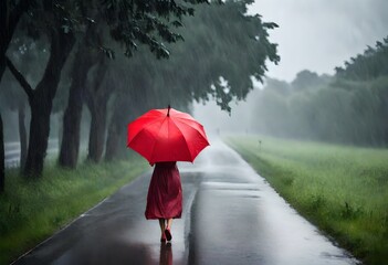 Photo of a woman walking down a road holding a red umbrella after a heavy downpour of rain on an overcast day. AI Generative 