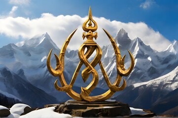 Majestic golden Trishul symbol atop snowy Himalayan peaks under blue sky. Ideal for Maha Shivratri, Hindu spirituality, cultural decor, or epic fantasy art with dramatic landscape