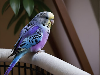 Violet budgie perched on a branch.
