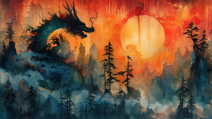 Fantasie Landschaft Drache Chinesisch Wald Bäume Sonne Mond Sonnenaufgang Sonnenuntergang Rot Orange Alcohol Ink - obrazy, fototapety, plakaty