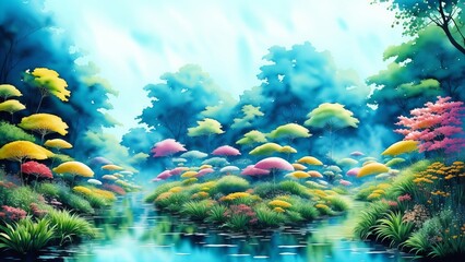 Neon jungle scene, where technology and nature intertwine, showcasing vibrant flora and ambient tech in a surreal. Watercolor illustration, AI Generated