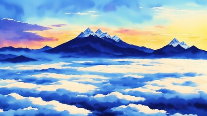 Menacing mountain ranges raised high above the clouds. A majestic image of the greatness and power of nature. Watercolor illustration, AI Generated