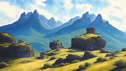 Majestic rocks rising into the sky like guardians of time. A picture of strength and resilience in the mountainous terrain. Watercolor illustration, AI Generated