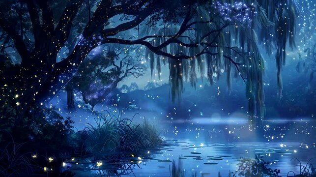 Fireflies illuminates the drooping branches of the willow trees. . Fantasy landscape anime or cartoon style, looping 4k video animation background