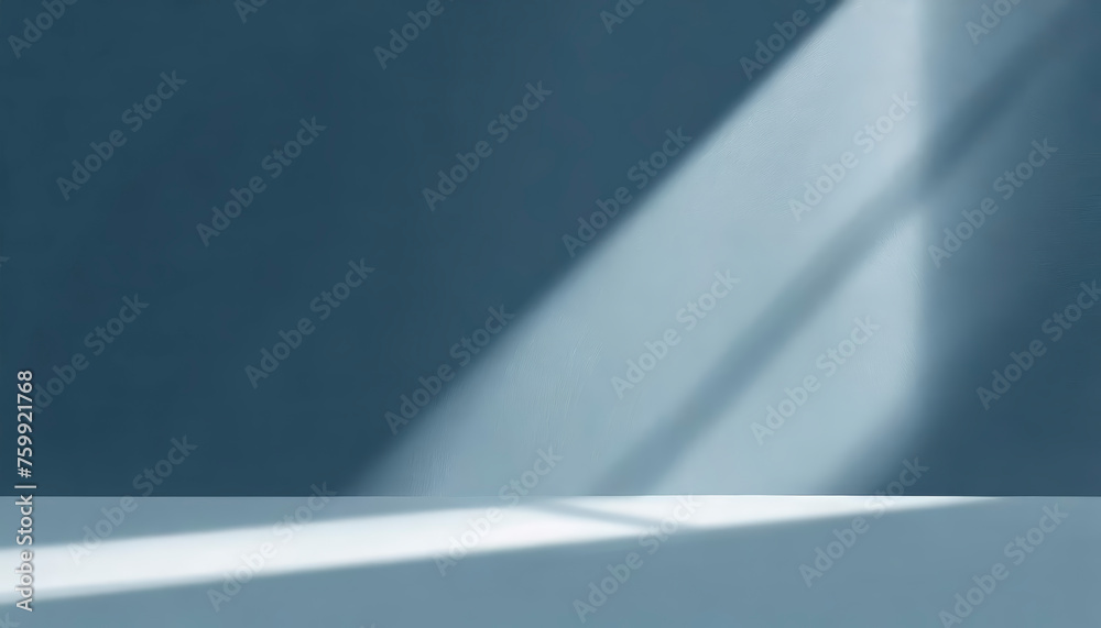 Poster abstract minimal light grunge blue background for product presentation. Shadow and light from windows on plaster wall.