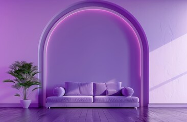 3D rendering of minimalist purple living room interior with sofa and arch wall background
