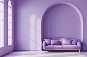 3D rendering of minimalist purple living room interior with sofa and arch wall background