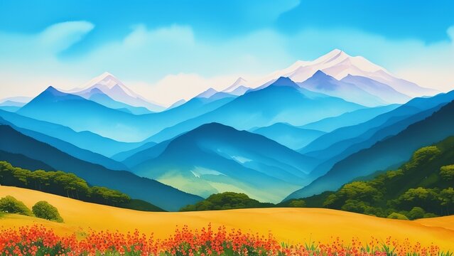 Stunning views of the mountain peaks, framed by green forests and flowering meadows. A picture of the diversity and beauty of the highlands. Watercolor illustration, AI Generated