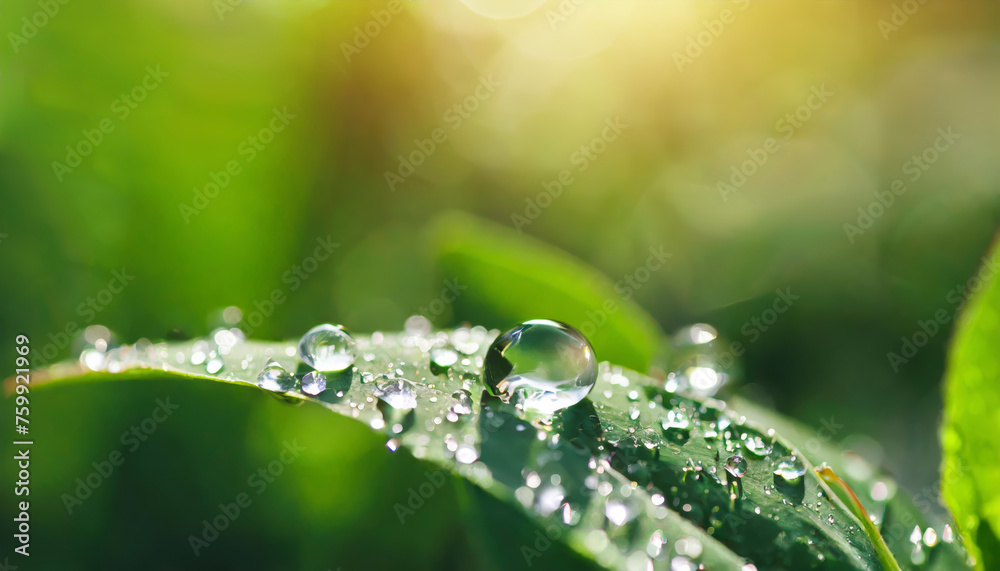 Aufkleber beautiful large drop morning dew in nature, selective focus. drops of clean transparent water on lea