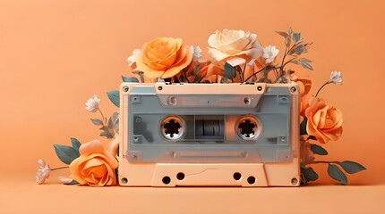 Retro music cassette covered with flowers on orange background. Retro party 80's banner, cover or invitation card with cassette tape. Old style vector poster. Eighties 80's Party. Cassette Stor - obrazy, fototapety, plakaty