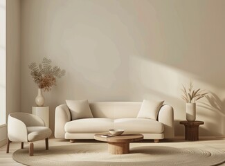 Modern interior design, beige sofa and armchair in the living room with copy space.