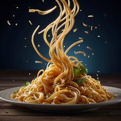 [noodles] floating in the air, cinematic, food professional 