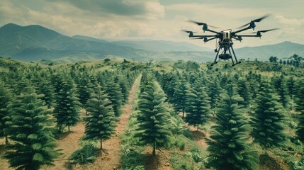 Fototapeta na wymiar A drone reforestation project in action, drones planting trees in deforested areas, showcasing synergy between technology and environmental restoration