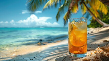 Obraz premium A bright cocktail with ice in a tall glass against the backdrop of a tropical beach. Concept: advertising of beach bars, resort holidays and tourist services