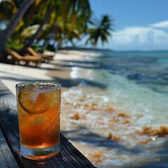A bright cocktail with ice in a tall glass against the backdrop of a tropical beach.
Concept: advertising of beach bars, resort holidays and tourist services