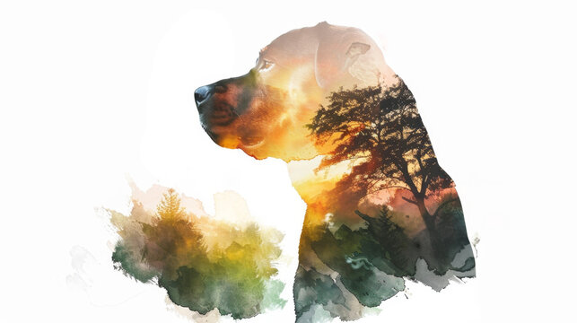Double Exposure: Rottweiler Silhouette and Park Scenery Watercolor Art Gen AI