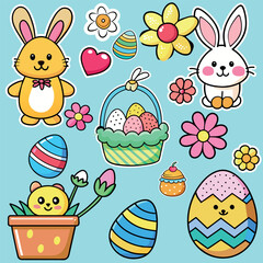 Easter, sticker, hare, eggs, paint, flowers, white, chicken, heart, love, food, baking, basket, carrot, sticker pack, art, vector, illustration, decoration, pink, yellow, blue, colorful, children, spr