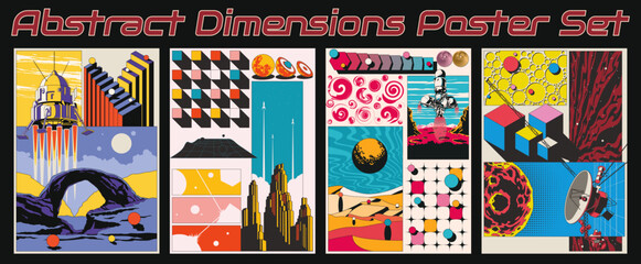 Space Poster Set. Spacecrafts, Landing Module, Asteroid, Alien Panorama, Planets,  Geometric Abstract Shapes