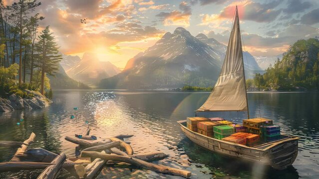 Scenic waterfront dwelling with a boat peacefully moored, providing a serene coastal escape. Seamless Looping 4k Video Animation