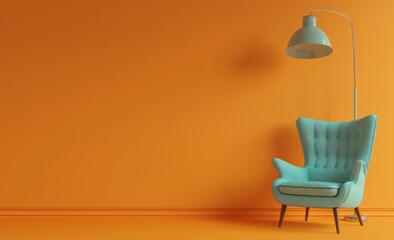 Modern interior design with a turquoise armchair and floor lamp on an orange background, in the...