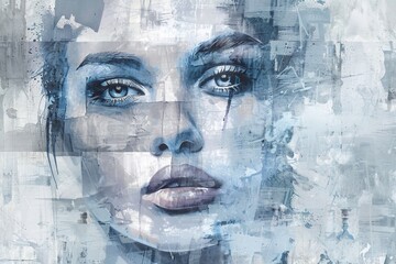 Textured Artistic Portrait of a Woman in Blue Tones