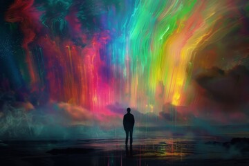 Fototapeta premium A person stands in front of a vibrant, multicolored sky, filled with hues of orange, pink, purple, and blue.