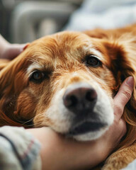 Close-up of hands on dog chest, sick in action, hospital setting, focused intensity.