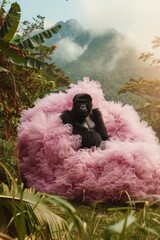 A commanding gorilla is enveloped by waves of pink ruffled fabric, contrasting the wild with the soft and surreal