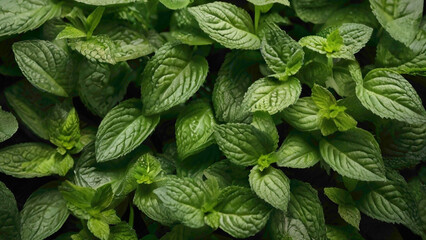 mint full frame background with water drops on the mint leaves abstract full frame view of mint  - obrazy, fototapety, plakaty