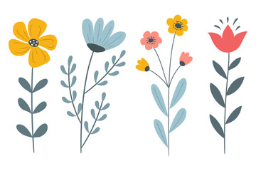 Simple hand-drawn, cute vector flowers and leaves, isolated on a white background.