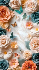 Paper roses, daisies, and butterflies carefully crafted and laid out, exuding elegance and nature's beauty