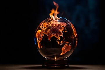 Dramatic burning Earth globe on dark background, symbolizing global warming. Ideal for Earth Day, World Environment Day campaigns, or climate crisis awareness with selective focus