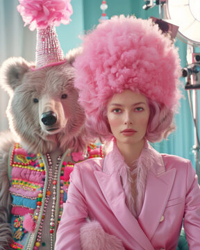 Striking image of a young woman with a fluffy pink hat near a bear costume figure in a stylized fashion setting