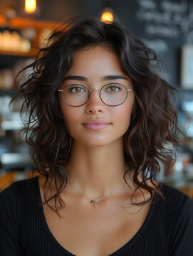 A portrait of a pretty beautiful 30 years old woman, Cafe aethetics