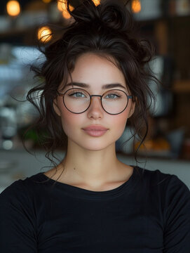 A portrait of a pretty beautiful 30 years old woman, Cafe aethetics