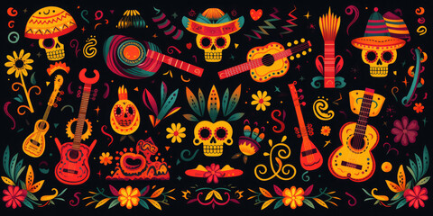 Postcard, flyer, poster, banner for the holiday Cinco de Mayo .Cinco de Mayo Mexican Holiday elements set on a black background.