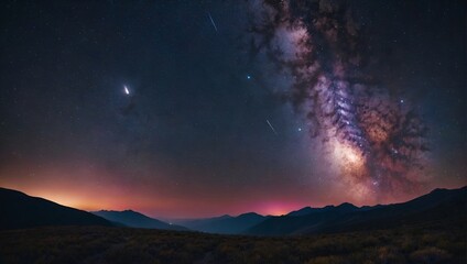 Milky way and pink light at mountains Night colorful.