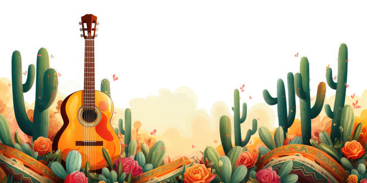 Mexican Cinco de Mayo holiday background withguitar, cactus, Mexican hat, flowers on a white background. Banner, flyer, template, poster with empty space for text.
