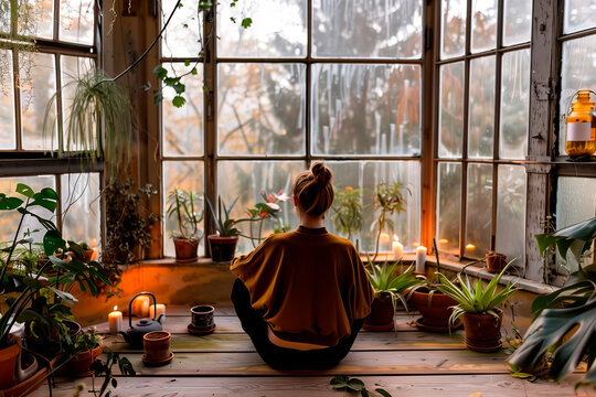 A Person practicing mindfulness at home, finding tranquility and well-being in serene settings.
