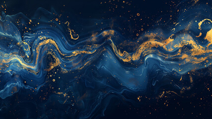 Abstract blue and gold fluid shapes. - obrazy, fototapety, plakaty
