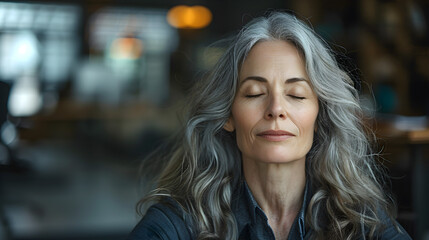 Fototapeta na wymiar Energetic gray hair woman of 60 years old meditates with her eyes closed while sitting on mat in office during breaks between meetings. Mental health and meditation for no stress.