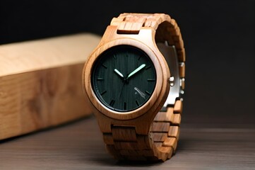 Closeup of wooden watch on wooden table. A luxury brand eco-friendly watch for gifts. Watch shop banner. Provide the time of day, giving the hour and minute, and second