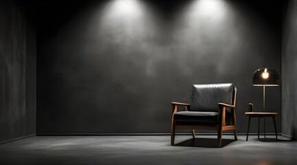 A chair in a beam of studio light in the dark room, a cinematic scene. Interior texture for display product. Darkness concept. Ideal candidate for vacancy concept