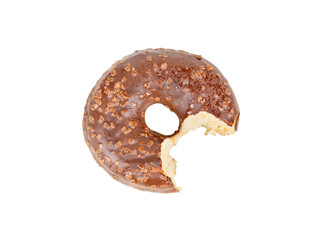 Bitten chocolate donut isolated on white background, top view