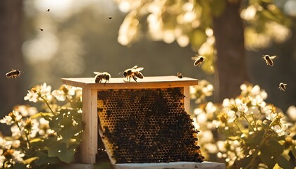 Morning Rituals: Busy Bees at Their Hive in the Soft Dawn Glow - obrazy, fototapety, plakaty