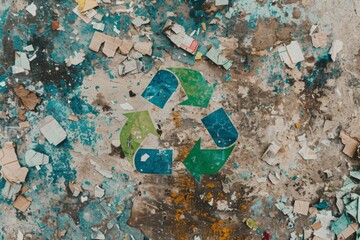 Recycling symbol with three green arrows in a triangular loop, prominently displayed over a mixed assortment of discarded paper waste, highlighting the importance of recycling.
